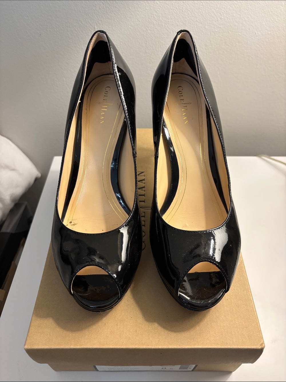 Vintage Cole Haan Black Patent Leather Peep-Toe Heels 8.5B with Nike Air